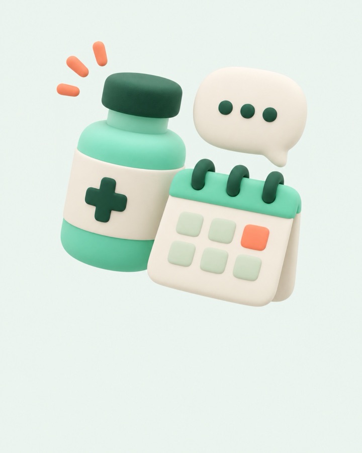 Illustration of a medicine bottle, a calendar and a chat bubble